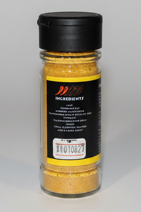 A clear plastic spice jar filled with yellow-orange ground turmeric powder, featuring a black flip-top lid and a black label with yellow accents.