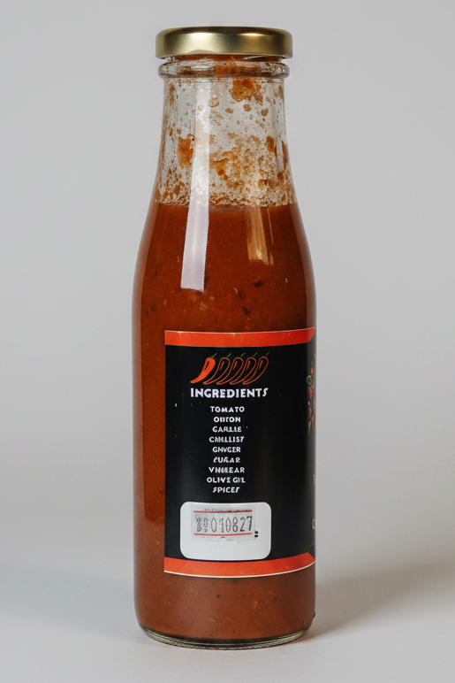 A glass bottle of tomato-based sauce with a black and orange label, containing a reddish-brown sauce, set against a plain white background.