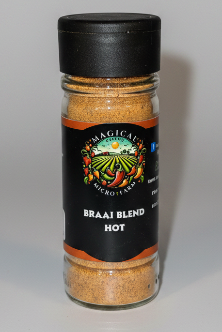A clear plastic spice jar filled with a warm orange-brown seasoning blend, topped with a black cap. The front label is black with a colorful central illustration and white text reading 'MAGICAL CHILI SPICE' and 'BRAAI BLEND HOT'.