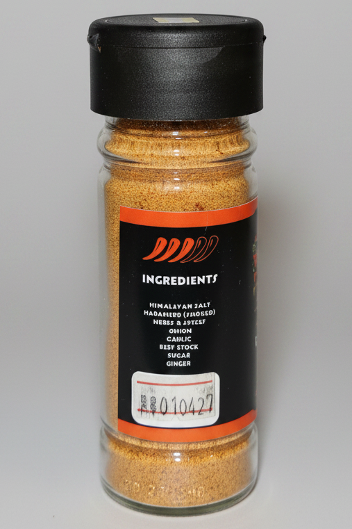 A clear plastic spice jar filled with orange-brown Himalayan salt, featuring a black screw cap and a black label with orange accents and white text.