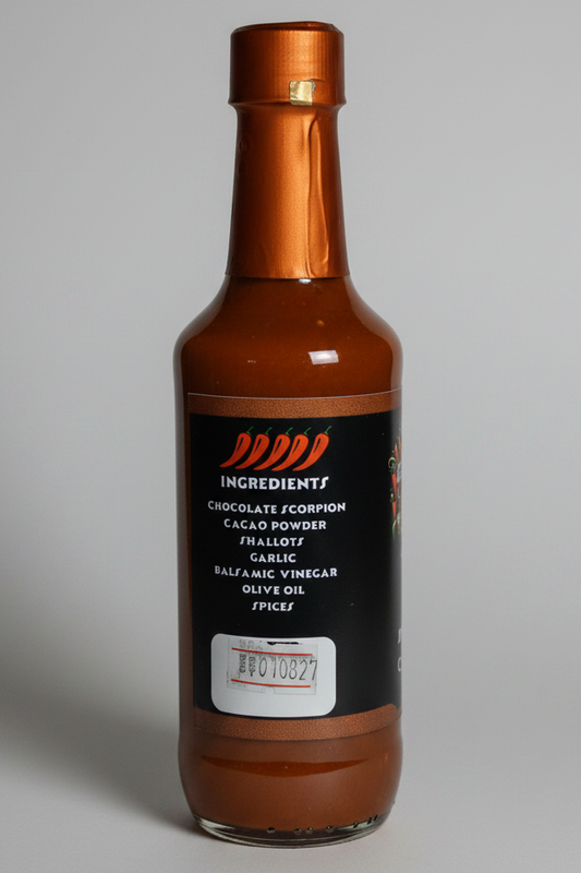 A bottle of Ingredients Chocolate Scorpion hot sauce with a black label and metallic copper-brown contents, isolated on a white background.