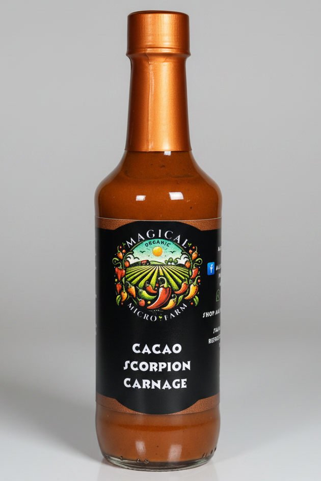 A bottle of 'The Magical Kitchen' Micro's New Cacao Scorpion Carnage hot sauce, featuring a black label and a metallic copper-colored cap, set against a plain white background.