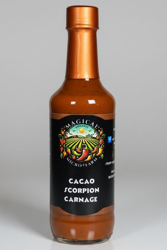 A bottle of 'The Magical Kitchen' Micro's New Cacao Scorpion Carnage hot sauce, featuring a black label and a metallic copper-colored cap, set against a plain white background.