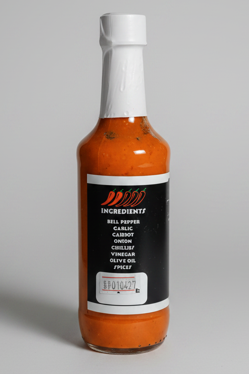 A bottle of hot sauce with orange-red sauce inside, a black label with white text, and a white cap, isolated on a white background.