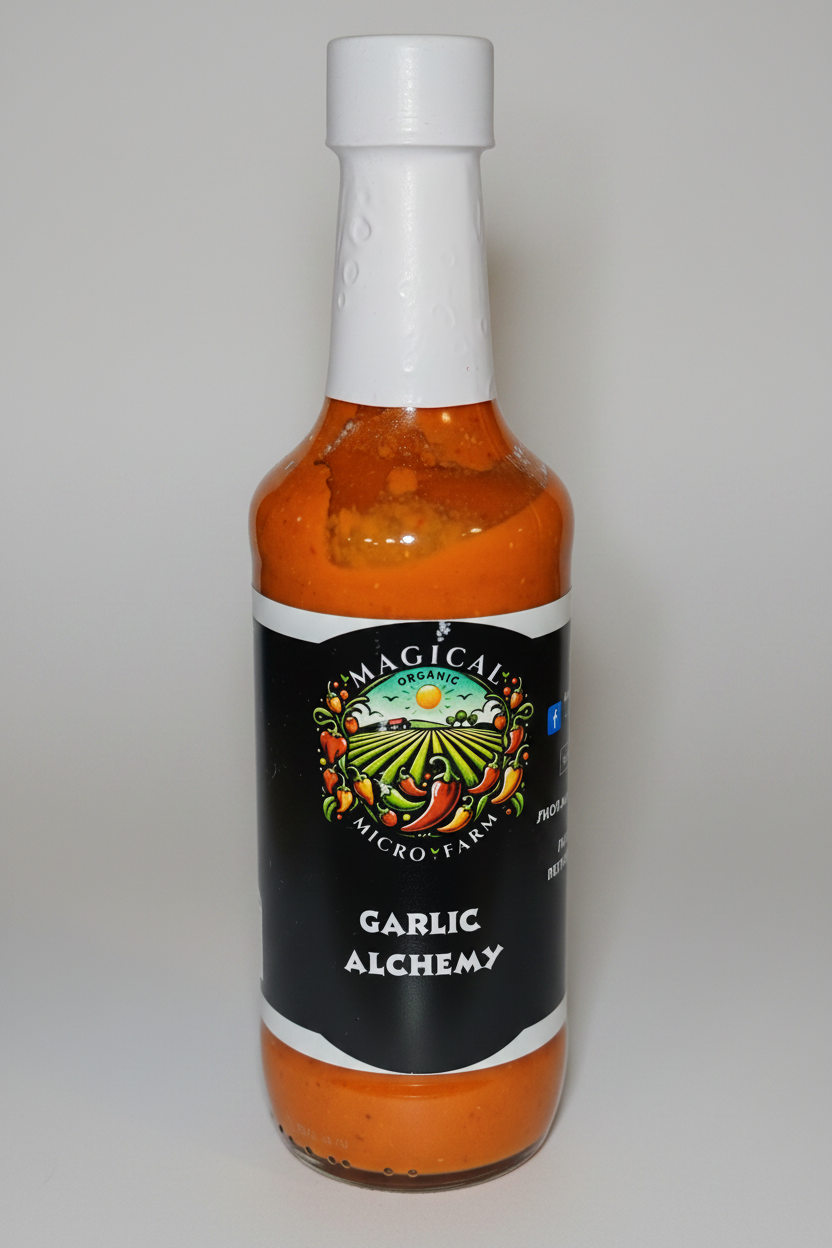 A bottle of Garlic Alchemy hot sauce by Omagical Alchemy, featuring a black label with a colorful farm illustration and white cap, filled with orange-red sauce, isolated on a white background.