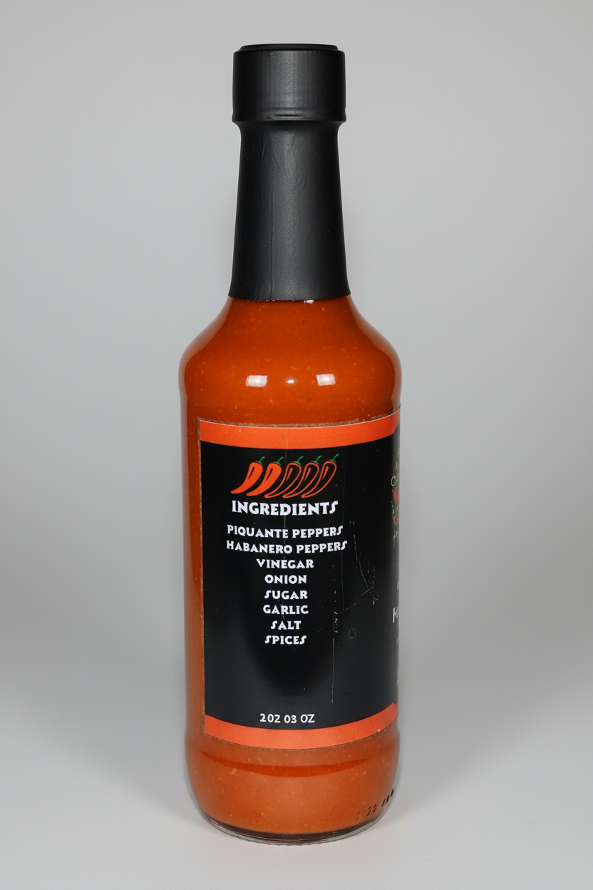 A bottle of habanero pepper vinegar sauce with a black cap and a black label featuring orange accents and white text, isolated on a white background.