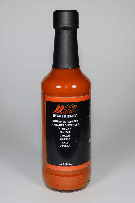 A bottle of habanero pepper vinegar sauce with a black cap and a black label featuring orange accents and white text, isolated on a white background.