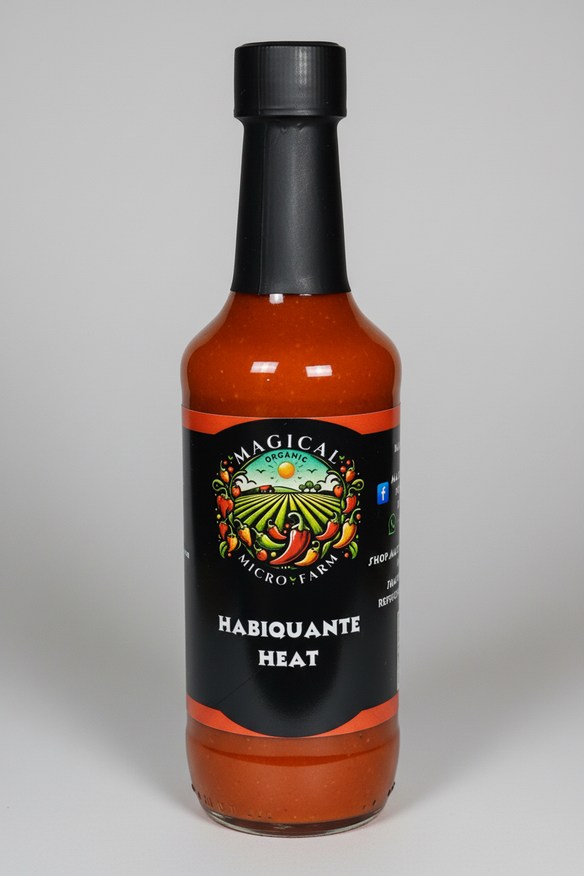 A bottle of Magical Microyarn Habiquante Heat hot sauce, featuring a black cap and a black label with a colorful illustration of a farm and chili peppers, filled with orange-red sauce.