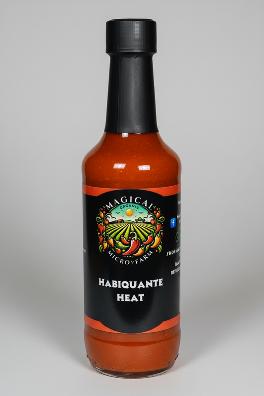 A bottle of Magical Microyarn Habiquante Heat hot sauce, featuring a black cap and a black label with a colorful illustration of a farm and chili peppers, filled with orange-red sauce.