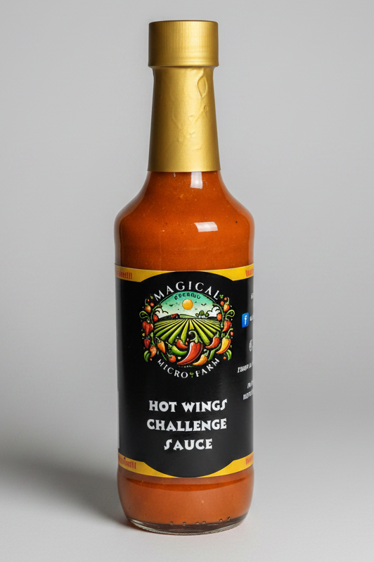 A bottle of 'Hot Wings Challenge Sauce' by 'Magical Micro Farms' filled with orange-red sauce, featuring a black label with a colorful logo and a metallic gold cap, isolated on a white background.