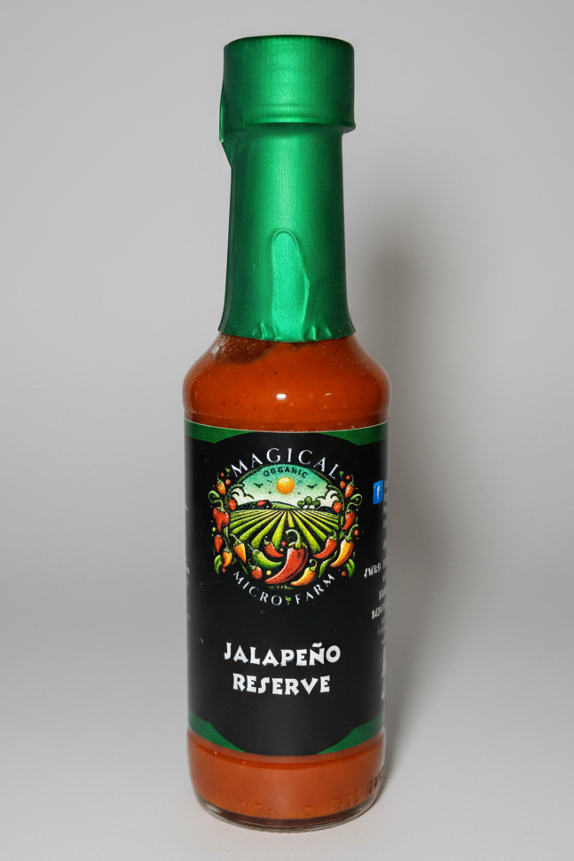 A bottle of Micro Farms Jalapeño Reserve hot sauce with a green cap and a black label featuring a colorful farm illustration.