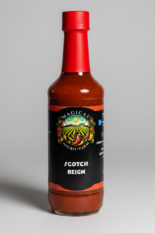 A bottle of Scotch Reign hot sauce by Magical Microfarm, featuring a red cap, reddish-brown sauce inside, and a black label with a colorful farm logo.