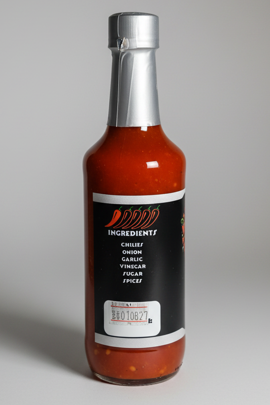 A bottle of hot sauce with a black label and silver cap, containing reddish-brown sauce, isolated on a white background.
