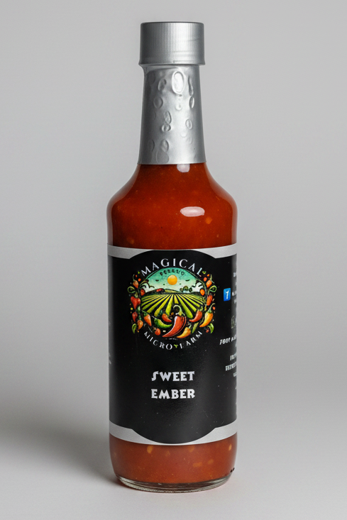 A bottle of Magical Fire Farms Sweet Ember hot sauce against a plain white background. The bottle is filled with a reddish-orange sauce, has a textured silver neck, and a black label with a colorful illustration of a farm and the text 'MAGICAL FIRE FARMS' and 'SWEET EMBER'.