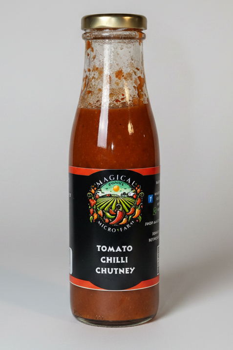 A glass bottle of Magical Micro-Tomato Chilli Chutney with a black label and gold cap, filled with reddish-brown chutney, isolated on a white background.