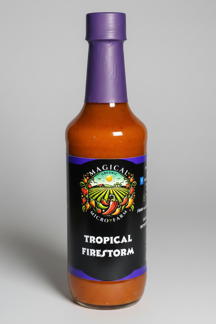 A bottle of Magical Micro-Lake Tropical Firestorm hot sauce, featuring a black label with a colorful pepper farm illustration and a purple cap, set against a plain white background.