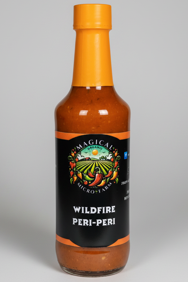 A bottle of Magical Micro-Farm Wildfire Peri-Peri hot sauce on a plain white background.