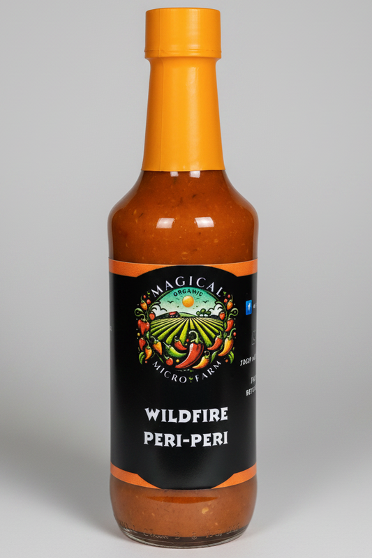 A bottle of Magical Micro-Farm Wildfire Peri-Peri hot sauce on a plain white background.